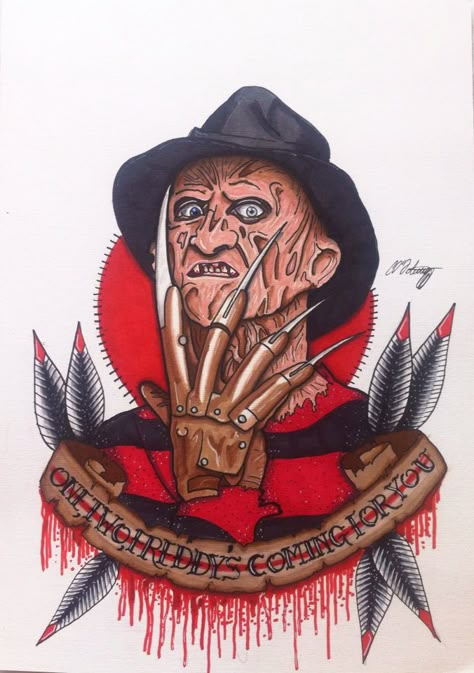 Freddy Krueger. A design I did using promarker pens. Prints available soon Freddy Krueger Traditional Tattoo, Freddy Krueger Glove Drawing, Freddy Krueger Coloring Pages, Freddy Krueger Illustration, Freddy Krueger Art Drawing, Freddy Krueger Tattoo Stencil, Freddy Krueger Drawing Easy, Freddie Kruger Tattoo, Freddy Kruger Art