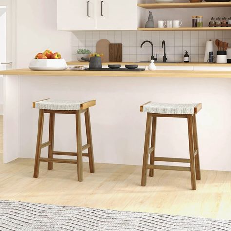 Costway 25.5'' Dining Saddle Stool Set of 2 Counter Height Seaweed Woven Seat Solid Wood - Walmart.com Saddle Bar Stools, Tiny Island, Saddle Stools, Counter Height Stools, Dining Bar, Kitchen Bar Stools, Rubber Wood, Counter Height, Acacia Wood