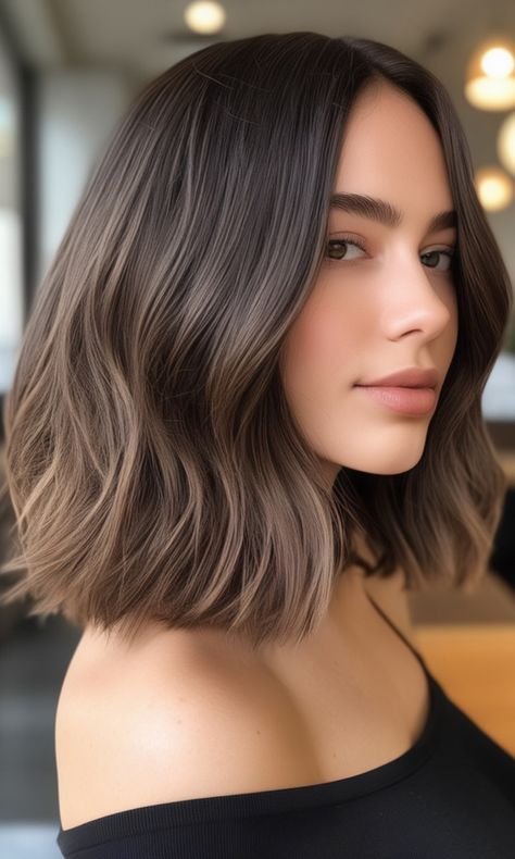 Modern Brunette Wave long bob, medium-length bob hairstyle Bridesmaid Hair Brunette Medium, Brunette Medium Bob, Brunette Bob Wedding Hair, Sleek Brunette Bob, Brunette Waves Long, Long Bob Brunette, Bob Brunette, Cute Medium Length Hairstyles, Bob Hair Styles