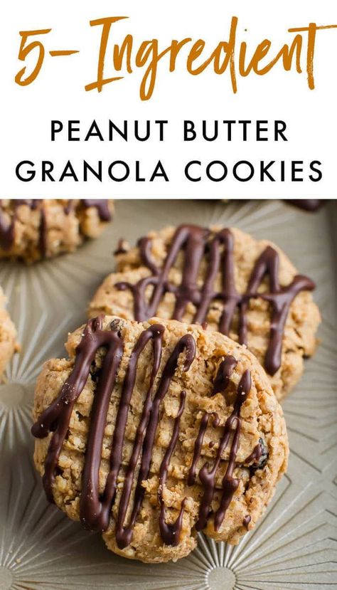 Cookies with peanut butter and granola? Yes, please. These peanut butter granola cookies are super easy to whip up and require only 5 ingredients! Vegan + gluten-free. #vegan #glutenfree #peanutbuttercookies #chocolate 5 Ingredient Cookies, Cookies With Peanut Butter, Granola Cookies, Butter Desserts, Peanut Butter Granola, Healthy Cookie, Chocolate Peanut Butter Cookies, Butter Recipes, Peanut Butter Recipes