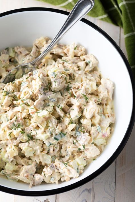 The Ultimate Southern Chicken Salad Recipe - Our homemade chicken salad recipe is easy to make and loaded with celery, apples, relish, and almonds. Enjoy this classic southern staple on sandwiches, in salads, or scooped with crackers! #chickensalad #chickensaladrecipe #southernchickensalad #bestchickensalad #homemadechickensalad #aspicyperspective Chicken Salad Pioneer Woman, Old Fashioned Chicken Salad Recipe, Southern Chicken Salad Recipe, Southern Chicken Salad, Best Chicken Salad Recipe, Homemade Chicken Salads, Chicken Salad Sandwich Recipe, Southern Chicken, Can Chicken Recipes