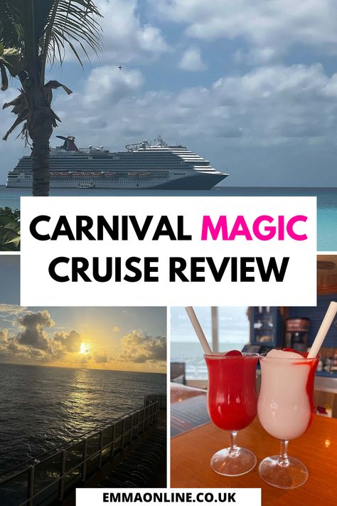 one image of the Carnival Magic Cruise ship out at sea in the Caribbean, one image of a sunset viewed from a cruise cabin balcony and two red and pink cocktails with straws. Carnival Magic Cruise Ship, Carnival Cruise Magic, Inside Cabin, Carnival Ships, Carnival Magic, Mouthwatering Food, Grand Turk, Glow Party, Carnival Cruise