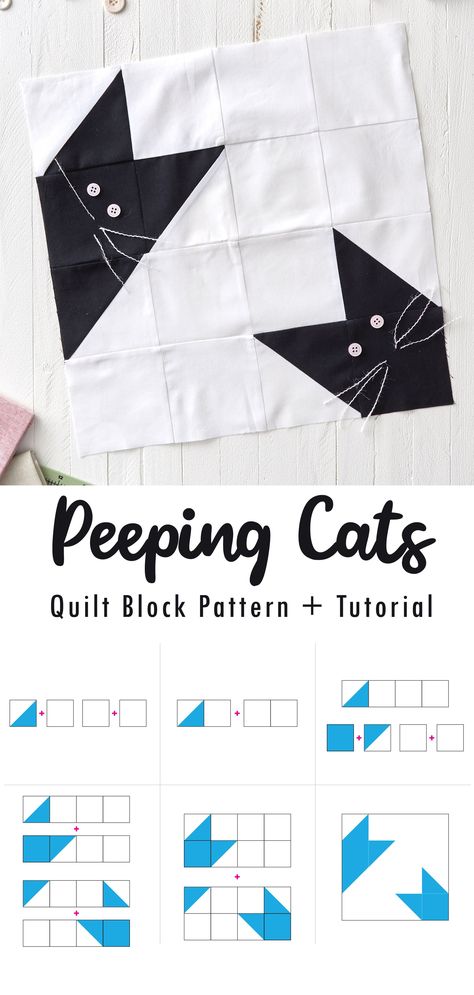 Kitten Quilt Pattern, Cat Quilt Block Pattern Free, Quilting Beginners, Cats Quilt, Strip Quilting, Cat Quilt Block, Cat Quilts, Cat Quilt Patterns, Sewing Quilts