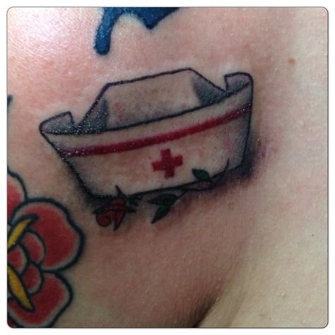 Nurses hat tattoo Nurse Cap Tattoo, Traditional Tattoo Nurse, Nursing Tattoos, Neat Tattoos, Cap Tattoo, Nurses Hat, Hat Tattoo, Nursing 101, Nurse Tattoo