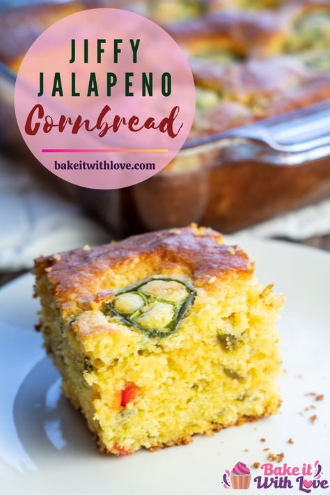 A big square slice of Jiffy jalapeno cornbread on a white plate with the glass baking dish in the background. Jiffy Mix Jalapeno Cornbread, Jiffy Jalapeño Cornbread, Jiffy Mix Mexican Cornbread Recipe, Jiffy Jalapeno Cornbread Recipes, Mexican Cornbread With Jiffy, Jiffy Jalapeno Cheddar Cornbread, Jiffy Jalapeno Cornbread, Jiffy Corn Muffin Recipes, Spicy Cornbread Recipe