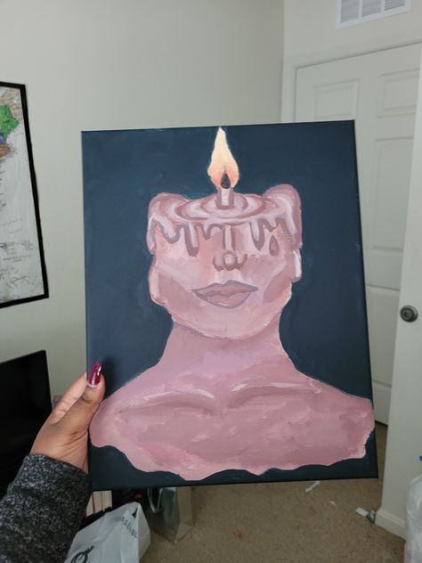 Painting of a woman-shaped candle that is melting, only her nose to her shoulders are untouched while the candle is burning 18th Birthday Candles, Candle Girl, Candle Drawing, Artwork Ideas, Painted Candles, Mirror Painting, Painting Of Girl, Eye Art, 18th Birthday