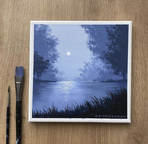 Acrylic Landscapes Easy, Landscape Monochrome Painting, Acrylic Painting Ideas For Beginners Landscapes, Night Paintings Acrylic, Aclyric Painting For Beginners, Monochrome Acrylic Painting, Gouache Painting For Beginners, Gouache Painting Ideas Inspiration, Simple Paintings For Beginners Acrylics