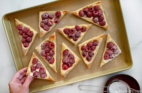 Preheat your oven for a no-fuss recipe for Raspberry Cream Cheese Danish made with store-bought puff pastry, tangy cream cheese filling and fresh fruit. #justatasterecipes Raspberry Cream Cheese Danish, Fruit And Cream, Cream Cheese Danish Recipe, Mixed Berry Pie, Cheese Danish Recipe, Raspberry Cream Cheese, Cream Cheese Danish, Blueberry Coffee Cake, Tart Filling