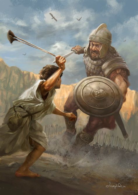 ArtStation - David and Goliath, Joseph Qiu Bible Illustrations Art, Biblical Artwork, Bible Artwork, Christian Graphics, Bible Drawing, Afrique Art, David And Goliath, Bible Images, Bible Illustrations