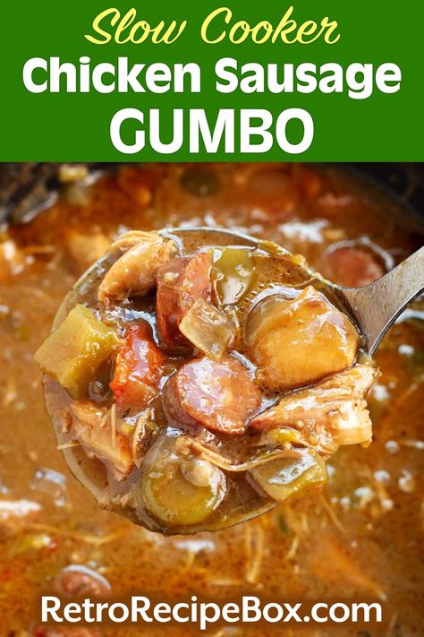 Slow Cooker Chicken Sausage Gumbo recipe is a dish that epitomizes Southern comfort food. This delicious Slow Cooker Chicken Sausage Gumbo will fill your kitchen with delectable smells and give you a hearty meal. There's nothing quite like a warm bowl of crockpot gumbo to transport you to the heart of New Orleans. crock pot gumbo recipe, retrorecipebox.com, crockpot dinners, slow cooker dinners, homemade gumbo, easy gumbo Crock Pot Gumbo Slow Cooker, Chicken Gumbo Recipe Crockpot, Crock Pot Gumbo, Chicken Sausage Gumbo Recipe, Gumbo Easy, Dinners Slow Cooker, Crockpot Gumbo, Gumbo Slow Cooker, Homemade Gumbo