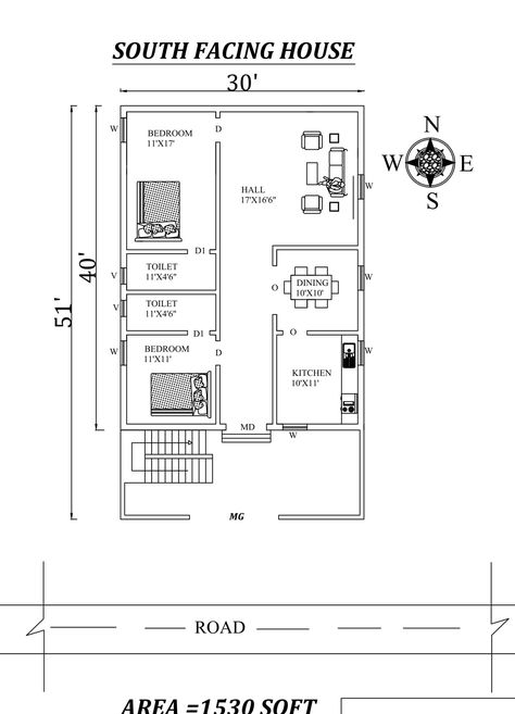 Autocad Drawing file shows 30'X 51' 2bhk Awesome South facing House Plan As Per Vastu Shastra. The total buildup area of this house is 1530 sqft. The kitchen is in the Southeast direction. Dining near the kitchen is in the east direction. The Hall Placed in the northeast direction. The master bedroom is available in the southwest direction with the attached toilet is in the west. The kid's bedroom is in the Northwest direction with the attached toilet is in the west. A staircase is available in 2bhk House Plan South Facing, 30x40 House Plans South Facing, South Facing House Plans Vastu 2bhk, South Facing House Plans Vastu, South Facing House Plan, 1200sq Ft House Plans, Mini House Plans, 30x50 House Plans, Apartments Interior