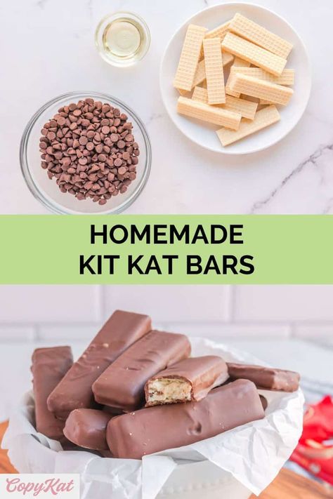 Homemade Kit Kat Bars are a wonderful treat to enjoy and share. Get the easy copycat recipe and find out how to make the best Kit Kat candy bars with simple ingredients. These DIY Kit Kat bars are crunchy vanilla wafer cookies filled and covered in chocolate. Homemade Kitkat Bars, Homemade Kit Kat Bars, Filled Chocolate Bars, Kit Kat Dessert, Kitkat Bars, Work Desserts, Diy Chocolate Bars, Vanilla Wafer Cookies, Kit Kat Candy