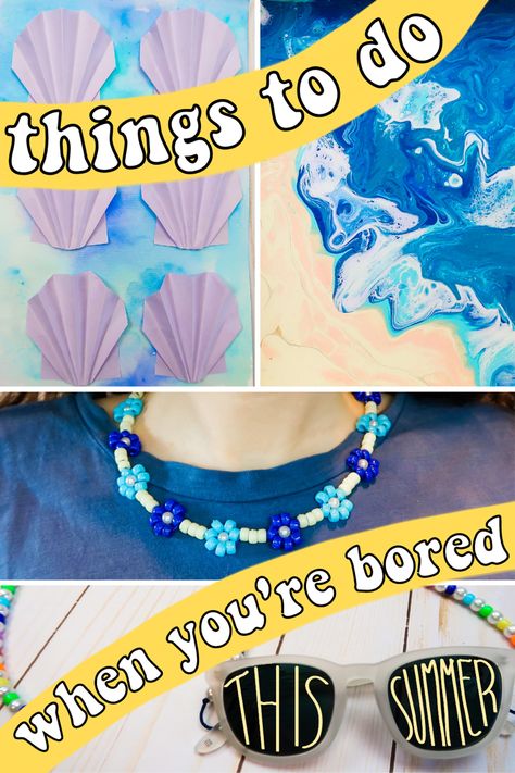 Things to do when you’re bored this summer! How to make origami seashells, smashed flower art, paint pouring beach scene, flower seed bead necklace, scrape painting, Perler bead jewelry, sunglasses strap/chain, and more! Summer Bucket List, easy crafts for teens and adults. Boring Life, Things To Do When Bored, Diy Activities, Diy Origami, Hacks Diy, Crafts To Make And Sell, What To Make, Summer Art, Fun Activities For Kids