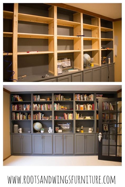 Build Your Own Bookcase, Wrap Around Bookcase, Diy Bookcase With Drawers, Bookshelf Spacing Guide, Diy Large Bookcase, Diy Bookcase With Cabinets, Build A Bookcase Diy, Home Library Diy Built In Bookcase, Built In Bookshelf With Cabinet