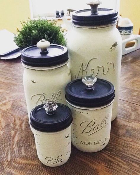 Kitchen Canisters Diy, Canister Diy, Canisters Diy, Mason Jar Canisters, Mason Jar Projects, Jar Decor, Mason Jar Crafts Diy, Diy Holz, Jar Diy