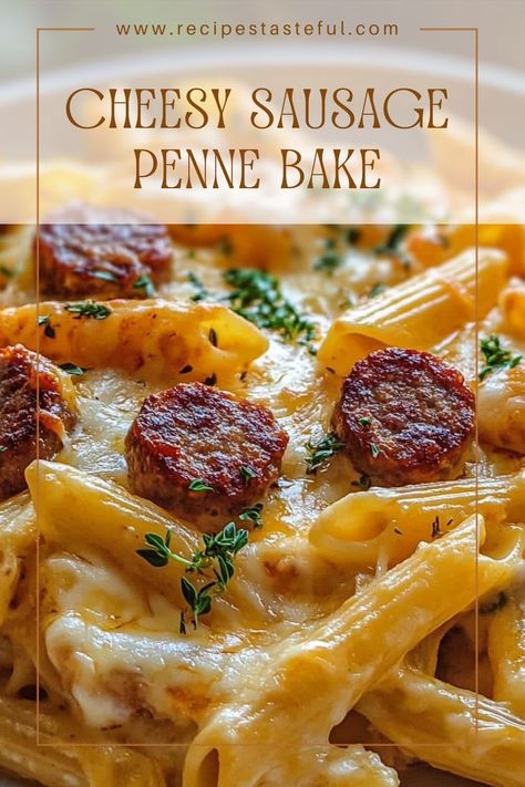 A comforting and delicious Cheesy Sausage Penne Bake that combines smoky sausage with creamy cheese sauce and al dente penne pasta, perfect for family dinners or gatherings. Penne Bake, Sausage Penne Pasta, Cheesy Sausage Pasta, Creamy Sausage Pasta, Sausage Penne, Sausage Pasta Bake, Creamy Cheese Sauce, Baked Penne, Sausage Bake