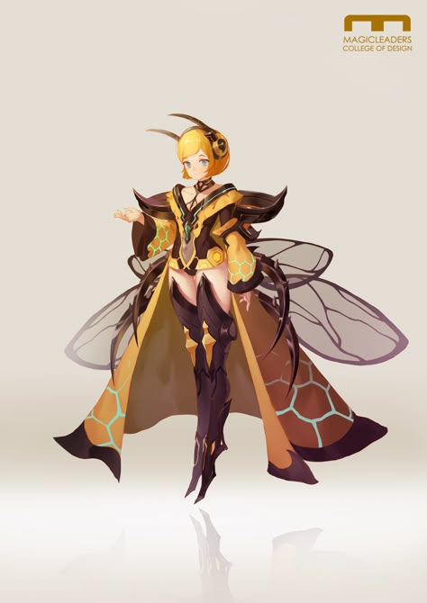 Queen Bee Character Design, Bee Humanoid, Bee Girl Character Design, Bee Armor, Bee Concept Art, Yellow Character Design, Bee Anime, Bee Character Design, Wasp Wings