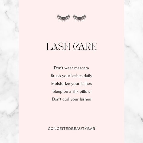 Lash Care Tips: Don't Wear Mascara Brush Your Lashes Daily Moisturize your lashes Sleep on a silk pillow Don't Curl Your Lashes Lash Care Tips, Brush Your Lashes, Lash Care, Lash Tips, Limassol Cyprus, Mascara Brush, Silk Pillow, Daily Moisturizer, Look Book