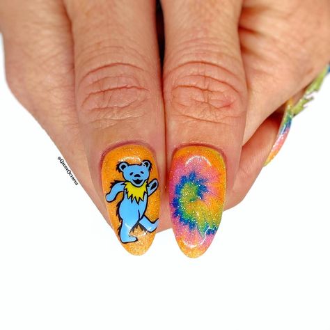 Grateful Dead nails for Sarah🩷🧡💛💚💙 All the pretty glitter gel colors are obviously ICEGEL 🙌 . . . #gaudyoctopusnails #handpaintednailart… | Instagram Grateful Dead Nail Art, Grateful Dead Nails, Tie Dye Nails, Painted Nail Art, Glitter Gel, Grateful Dead, Gel Color, Stiletto Nails, Beautiful Nails