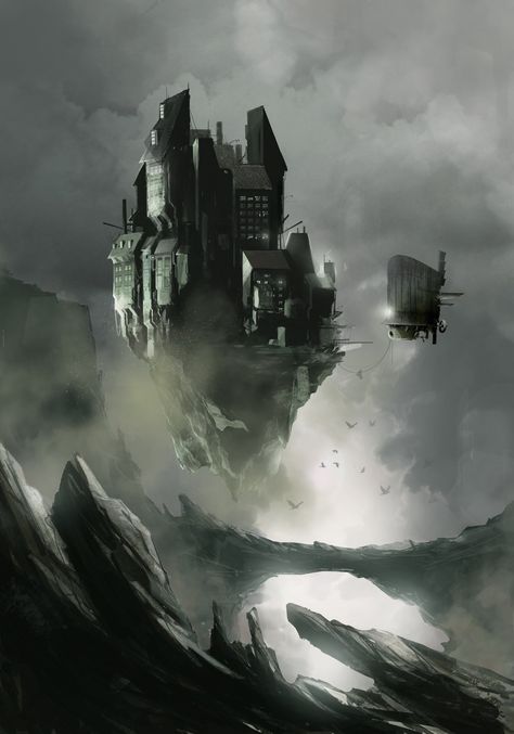 Flying Castle by sketchboook. #steampunk #victorian #Art #gosstudio .★ We recommend Gift Shop: http://www.zazzle.com/vintagestylestudio ★ Steampunk Concept Art, Flying Castle, Steampunk Concept, Painting Castle, Sky Castle, Flying Fortress, Stone World, Castle Art, Landscape Concept