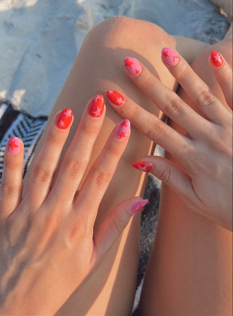 Pink And Red Summer Nails, Pink Nails With Red Stars, Red And Pink Nails Design, Summer Nails Red Pink, Red And Pink Star Nails, Red Patterned Nails, Pink And Red Flower Nails, Pink And Red Nails Christmas, Pink And Red Nails Short