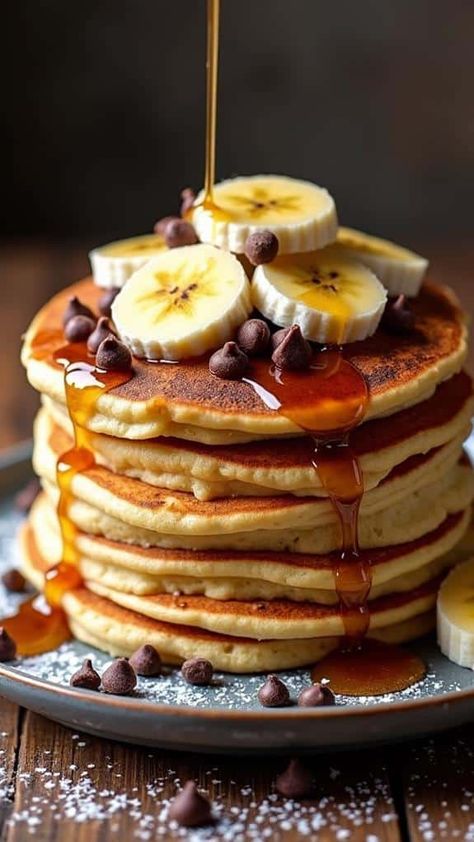 Chocolate Chip Banana Pancakes Chocolate Chip Banana Pancakes, Banana Chocolate Chip Pancakes, Banana Pudding Poke Cake, Pudding Poke Cake, Chocolate Pancakes, Best Chocolate Chip, Chocolate Chip Banana, Perfect Pancakes, Fruit Toppings