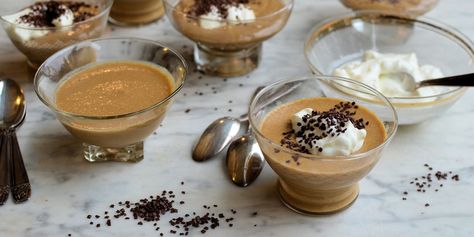 These fantastic little coffee mousse pots from Karen Burns-Booth are simple to make, yet make a luscious dessert – particularly for Christmas when make-ahead desserts come in handy. Leftover Coffee, Coffee Mousse, Coffee And Walnut Cake, Coffee Jelly, Fruit Cream, Great British Chefs, Make Ahead Desserts, Coffee Cookies, Cold Desserts