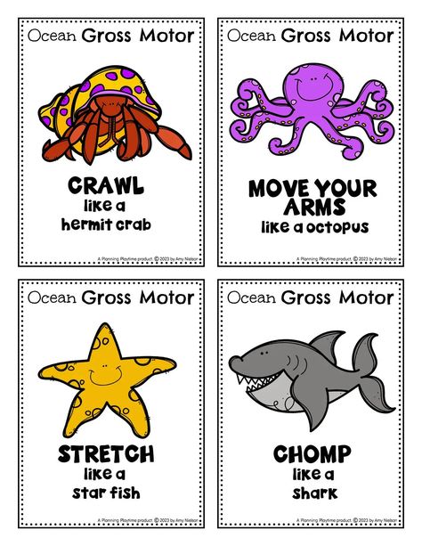 Gross Motor Ocean Activity Cards - Movement for Preschoolers Fish Activity For Preschool, Movement For Preschoolers, Under The Sea Preschool Activities, Ocean Preschool Activities, Ocean Theme Preschool Activities, Ocean Themed Activities, Toddler Activities Daycare, Random Activities, Ocean Activities Preschool