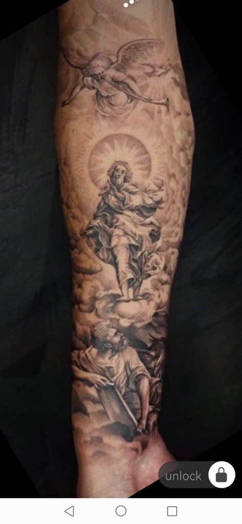 Christian God Tattoos For Men, Catholic Sleeve Tattoo Men, Moses Parting The Red Sea Tattoo, God Leg Tattoo Men, Classical Art Inspired Tattoos, Heaven Sleeve Tattoo, Christian Arm Sleeve Tattoos, Religious Leg Sleeve Tattoo, Saint Tattoos For Men