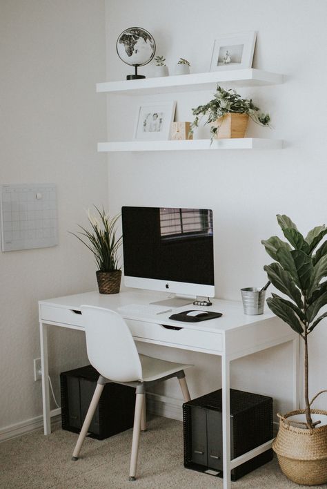 How to Create a Cozy Workspace in Your Bedroom - Living in Color Room With Workspace, Minimalist Bedroom With Workspace, White Desk In Living Room, White Working Desk, Workstation In Bedroom Ideas, Office Ideas White Desk, Minimal White Desk, White Desk Decor Ideas, Cozy Bedroom Minimal