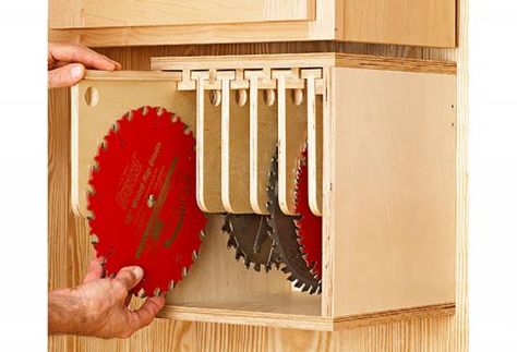 Build this compact storage unit and say good-bye to shuffling through blades stacked on a shelf or in a drawer. The pullout panels keep everything at your fingertips while protecting the carbide teeth. Saw Blade Storage, Table Saw Jigs, Plywood Shelves, Cabinets Storage, Tool Room, Tool Storage Diy, Wood Magazine, Shop Cabinets, Table Saw Accessories