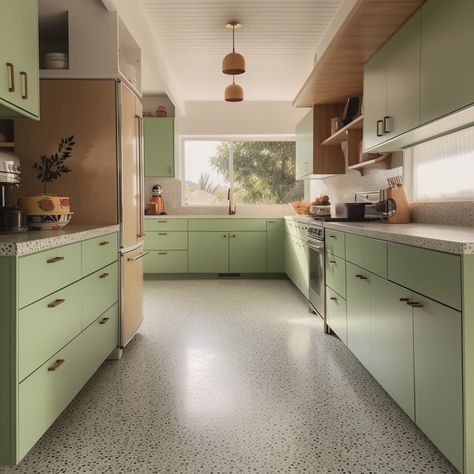 Terrazo Floor Kitchen, Terrazo Kitchen Floor, Cornish House, Terrazzo Tile Floor, Terrazzo Kitchen, Colored Cabinets, Mint Green Kitchen, Green Kitchen Walls, 1960s Kitchen