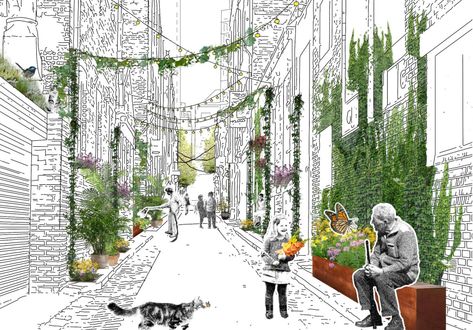 Planter boxes, climbing plants and trees are coming. Melbourne Laneways, Collage Architecture, Urban Design Diagram, Urban Design Graphics, Landscape Gardening, Green Gate, Architecture Collage, Architecture Graphics, Architecture Rendering