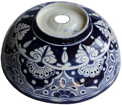 Blue Round Ceramic Talavera Vessel Sink Details Blue Talavera, Hammered Copper Sink, Ceramic Bathroom Sink, How To Install Countertops, Talavera Tiles, Mexican Talavera, Copper Sink, Blue Border, Traditional Mexican