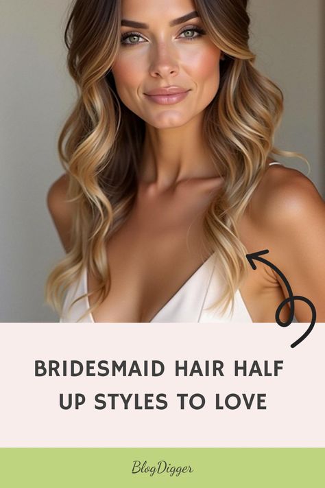 Bridesmaid Hair Half Up Styles to Love Loose Half Up Half Down Wedding Hair, Hair Half Up Styles, Hair Down And Curled, Elegant Bridesmaid Hair, Comfortable Bridesmaid Shoes, Half Up Styles, Real Bridesmaids, Half Up Curls, Bridal Squad