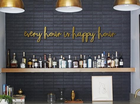 Bar Wall Design, Bar Wall Ideas, Garden Summerhouse, Home Bar Wall Decor, Modern Home Bar Designs, Every Hour Is Happy Hour, Words Wall Art, Bar Quotes, Bar Nook