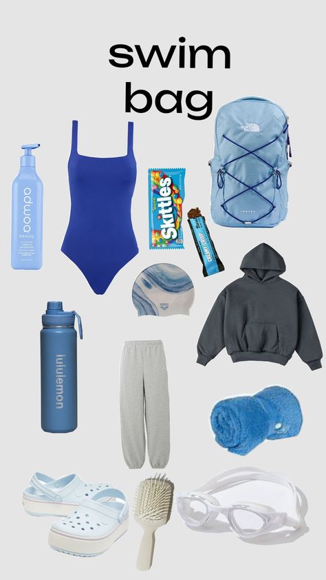 Swim Class Outfit, Swim Bag Aesthetic, Swim Team Essentials, After Swimming Outfits, Swimmer Wishlist, Swimming Benefits For Women, Swimmer Essentials, Swimmer Bag, Swimmer Outfits