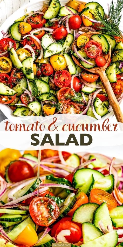 This tomato and cucumber salad is perfect for summer. Cucumber, tomatoes, and red onions are tossed together in a light, lemony, herb-packed dressing. It’s quick and easy, and it goes with just about anything. Tomato And Cucumber Salad, Lunch Dishes, Tomato Cucumber Salad, Tomato And Onion Salad, Tomato And Cucumber, Side Salad Recipes, Tomato Cucumber, Onion Salad, Salad Pasta