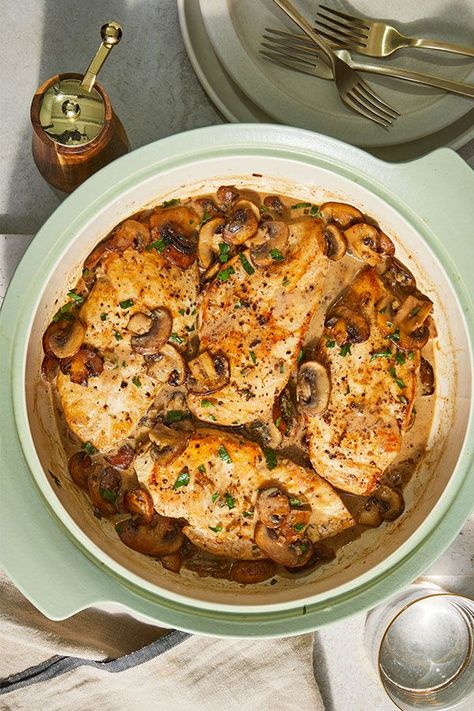 Chicken Diane Food And Wine, Chicken Diane Recipe Simple, Chicken Au Gratin, Flattened Chicken Recipes, Chicken Diane Recipes, Chicken Diane, Chicken And Mushroom Recipes, Pork Medallions, Skillet Dishes