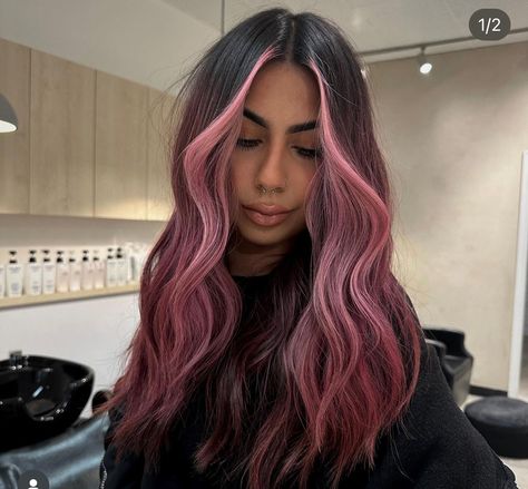 Black Hair With Rose Gold Money Piece, Pink Money Piece Hair Brunette, Pink Front Pieces Hair, Balayage Hair Pink, Pink Bayalage, Pink Balayage Brunette, Pink Balayage, Split Dyed Hair, Colourful Hair