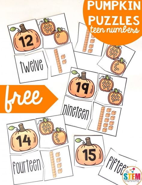 Halloween Math Games 1st Grade, Fall Math Games First Grade, Kindergarten Math Puzzles, Teen Numbers Kindergarten Activities, Fall Math Craft, Pumpkin Addition, Teen Number Activities, Fall Math Kindergarten, October Math