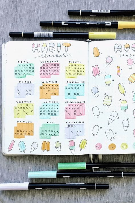 Ice Cream Bullet Journal, Bullet Journal Month, Bullet Journal Monthly Spread, Bullet Journal Spreads, Bullet Journal Ideas Templates, Habit Tracker Bullet Journal, Bullet Journal Cover Ideas, Bullet Journal Mood Tracker Ideas, Ice Cream Theme