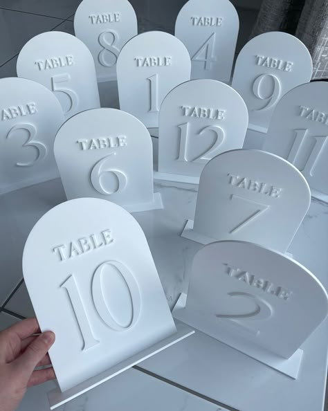 3d Print Wedding Decor, 3d Print Wedding, Acrylic Laser Projects, White Table Numbers, Unique Table Numbers Wedding, Unique Table Numbers, Diy Laser Cut, Wedding Table Designs, Acrylic Table Number