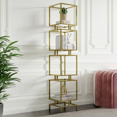 Amazon.com: Cozy Castle Etagere Bookcase, 4-Tier Tall Bookshelf, 70.5" Slim Shelving Unit for Living Room, Home Office, Bathroom, Tempered Glass Display Cabinet, Gold Metal Frame : Home & Kitchen Cozy Castle, Glass Display Shelves, Tall Bookshelf, Gold Console Table, Glass Display Cabinet, Tall Bookshelves, Classy Living Room, Black Console Table, Gold Living Room