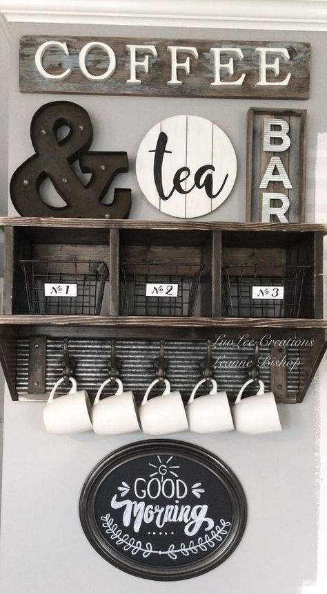 We love this coffee bar! It has a great industrial vibe to it! #coffeebar #industrialhomedecor #industrialfarmhouse Koffie Stations, Coffee And Tea Shop, Coffee And Tea Bar, Rustic Farmhouse Style Kitchen, Coffee/wine Bar, Diy Coffee Station, Coin Café, Diy Coffee Bar, Farmhouse Coffee Bar