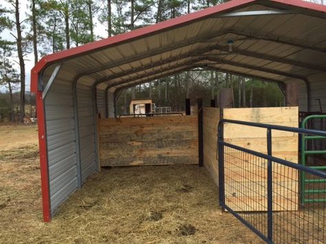 Build a barn from a metal carport. Livestock Barn Plans, Small Horse Barns, Horse Shed, Portable Carport, Livestock Barn, Livestock Shelter, Miniature Cows, Diy Horse Barn, Barn Stalls