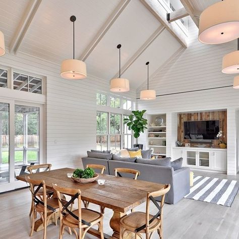 Tongue And Groove Vaulted Ceiling Design Ideas, Pictures, Remodel and Decor Simple Living Room Designs, Farmhouse Style Dining Room, Scandinavian Farmhouse, Modern Farmhouse Dining Room, Modern Farmhouse Living, Modern Farmhouse Dining, Interior Remodel, Modern Farmhouse Living Room, Simple Living Room