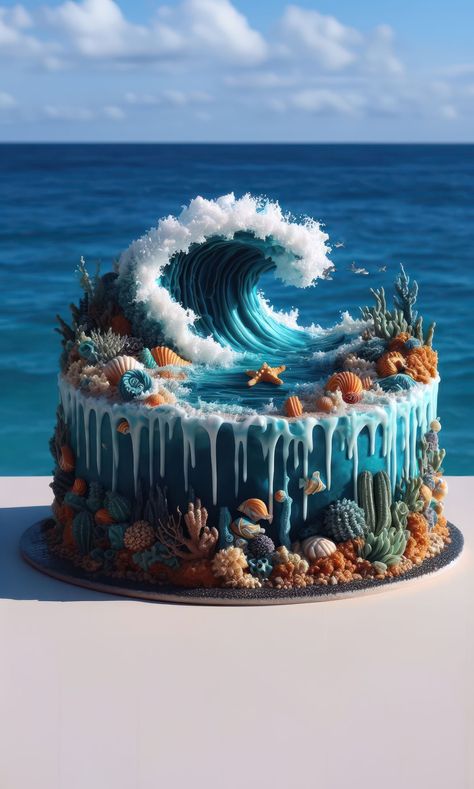 Ocean Birthday Cakes, Ocean Cakes, Realistic Cakes, Sea Cakes, Twins Birthday, Beach Cakes, Amazing Food Decoration, Creative Cake Decorating, Gateaux Cake