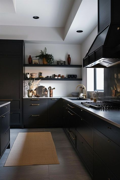 44 Black Kitchen Ideas That Never Go Out of Style - DecorWithEva Black Kitchen Inspiration, Black Kitchen Ideas, Creative Kitchen Backsplash, All Black Kitchen, Moody Kitchen, Kitchen Sink Design, Nordic Kitchen, Dream Kitchens Design, Sleek Kitchen