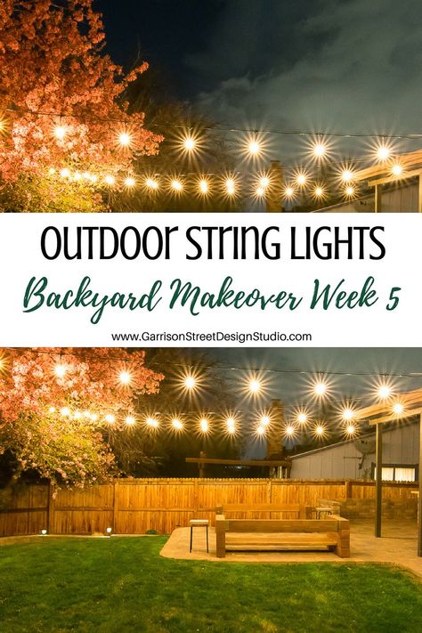 String Lights, Electrical, and a Chandelier #diyoutdoor #lights String Lights Outdoor Wedding, Bistro Ideas, Yard Trees, Hanging Patio Lights, Wedding Yard, Porch Party, Balcony Backyard, Deck Balcony, Porch Parties